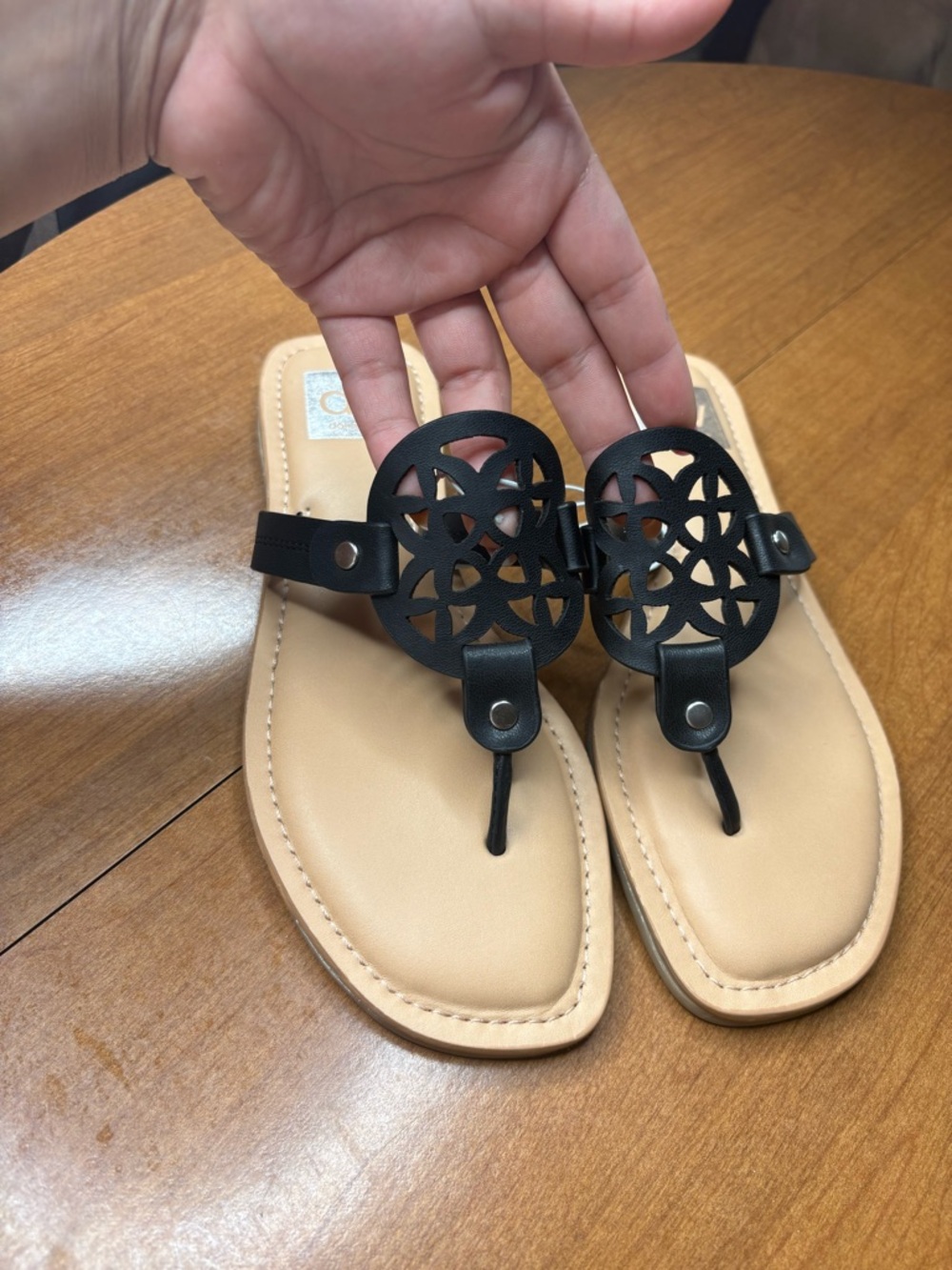 Dolce Vita Black Laser-Cut Toe-Post Sandals with Tan Footbed